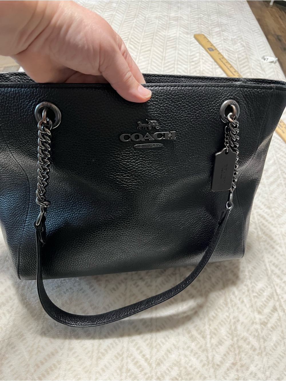 Coach Black Leather Tote with Chain-Accent Straps - Picture 1 of 13